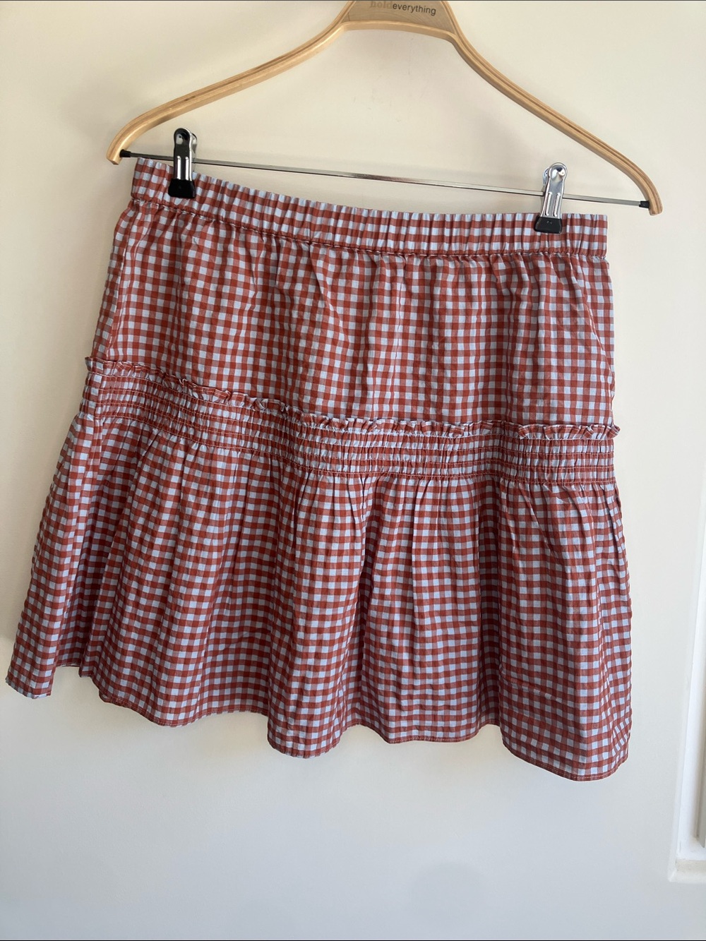 MADEWELL Pull-On Ruffle Tiered Mini Skirt Checkered Red + Light Blue Size 12 NWT
